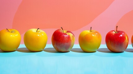 Wall Mural - Row of colorful apples on a pastel background