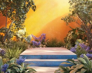 Artistic podium blending into a lush orange and blue garden, a fusion of design and nature