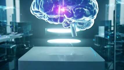 Poster - A hologram of a human brain is being projected in a modern laboratory, showcasing interactive neurological data and stunning three-dimensional visuals.