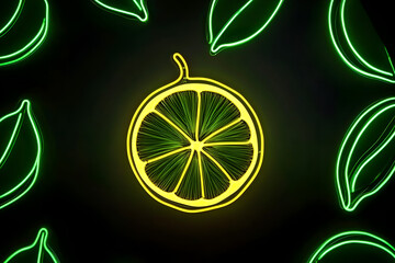 Wall Mural - Neon lime silhouette surrounded by vibrant outlines isotated on black background.