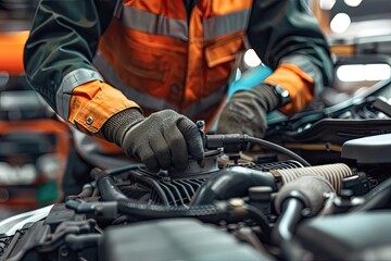 Car mechanic working in auto repair service. Closeup of auto mechanic hands repairing car engine