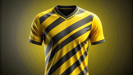 Vibrant yellow and black sport jersey with bold stripes and modern typography, featuring a dynamic design that exudes energy and athleticism on a clean background.