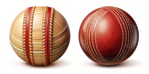 Stylized illustration of a cricket ball icon and wooden ball icon in vector format, showcasing detailed textures and seams in a minimalist design.