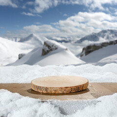 Wall Mural - wooden table with copy space for products and snow covered mountains winter background