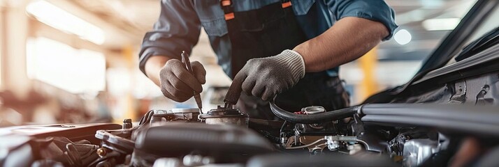 Car mechanic working in auto repair service. Closeup of auto mechanic hands repairing car engine