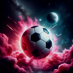 a photo realistic soccer ball as a planet in space with pink smoke and explosions with 2 moons in the background digital art