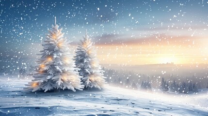 Two white Christmas tree icons over a winter landscape with softly falling snow and a twilight sky