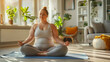 © steph photographies - Overweight woman doing yoga meditation at home