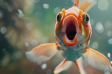 Wall Mural - A goldfish has its mouth open with its head tilted upwards, mouth wide open and sticking out in front