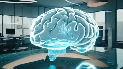 Poster - A holographic representation of a human brain is showcased in a modern laboratory, highlighting advanced technology and innovative research.