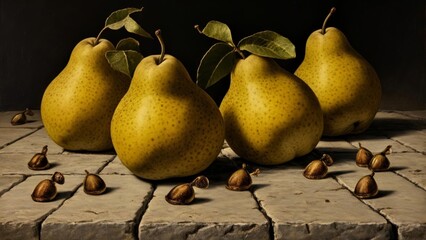 Sticker -  A still life of pears and almonds evoking a sense of abundance and freshness