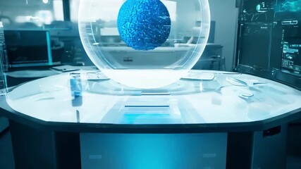 Poster - A detailed hologram of a human brain is projected in a modern laboratory, showcasing advanced technology and scientific research practices.