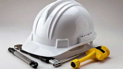 A white hard hat sits on a table with a yellow tool