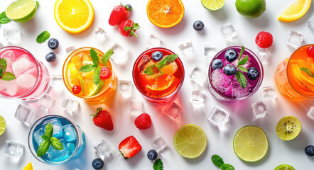 Wall Mural - Colorful fruit drinks with ice cubes and fruits on a white background in a top view.