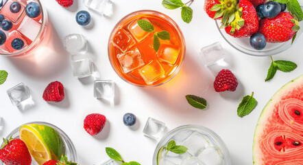 Wall Mural - Colorful fruit drinks with ice cubes and fruits on a white background in a top view.