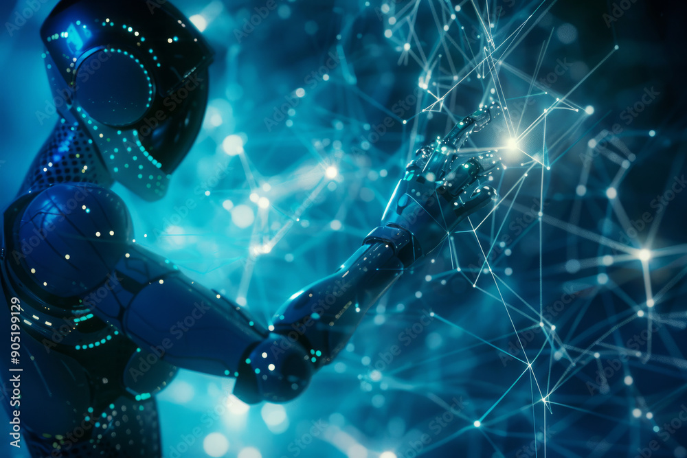 Robot is touching digital network connection. Artificial intelligence ...