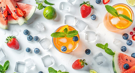 Wall Mural - Colorful fruit drinks with ice cubes and fruits on a white background in a top view.