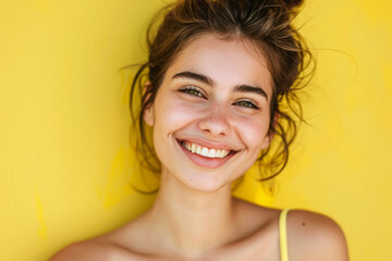 Portrait of beautiful smiling young woman with perfect white teeth on yellow background