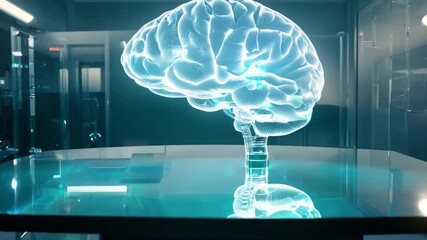 Poster - A holographic representation of a human brain is projected on a table in a cutting-edge laboratory, showcasing advanced technology and research capabilities.