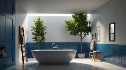 A round white tub, two tiny windows, a ladder in a corner, and a tree in a pot are all shown in this interior of a white and blue bathroom. side view. Three-dimensional model for rendering