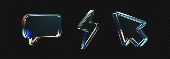 Wall Mural - 3d glass icon - arrow, speech bubble, lightning with refraction and holographic effect isolated on d