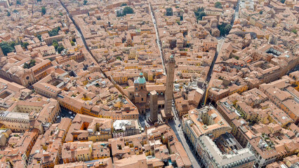 Wall Mural - Bologna, Italy. Old Town. Two Towers. (Le due Torri) Garisenda and degli Asinelli. Towers from the 12th century. Summer, Aerial View