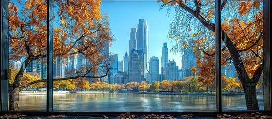 Sticker - Autumn Cityscape Viewed Through a Window