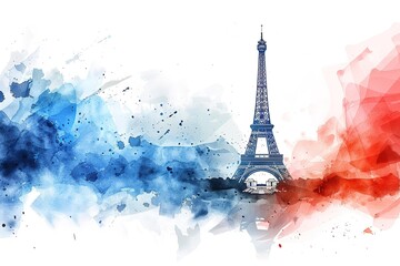 France, Paris urban sketch. Eiffel tower illustration on white background with flag.. Architectural drawing of historical building. Watercolor, digital painting.