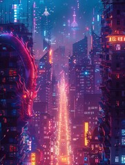 Wall Mural - Futuristic neon-lit cityscape with high-rise buildings, featuring a glowing dragon mural amid the vibrant urban night scene.