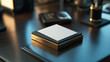 © Multi Universe  - modern business card holder, white business card, closeup of desk, green gold brown color grade, cinematic lighting,