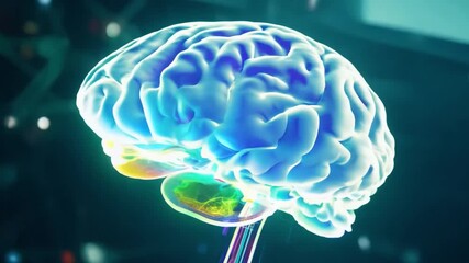 Poster - A hologram of a human brain floats in a modern laboratory, showcasing advanced scientific research and technology.