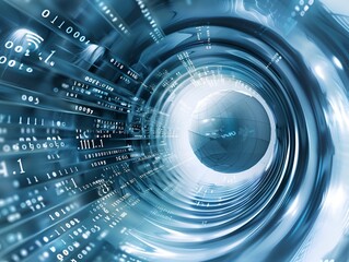 Poster - A digital background of binary code spiraling around an empty space, representing the flow and fast-paced nature of data technology. The blue color scheme adds precision to the overall design. The sha