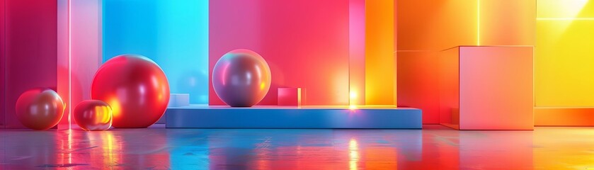 Poster - vibrant abstract scene with colorful geometric shapes and spheres in gradient lighting, creating a m