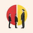 © Lustre Art Group  - Contemporary art collage. Mentor guiding two mentees in front of red and yellow split circle, emphasizing growth. Concept of business idea, success, communication, target. Ad