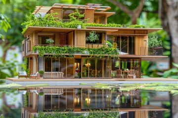 Sticker - Green-roofed urban house with lush vegetation, reflecting a sustainable approach to city living.