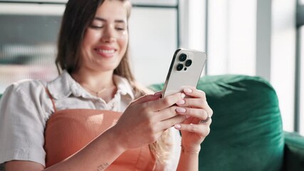 Aufkleber - Happy, relax and woman with phone on sofa for social media, communication and networking. Apartment, home and person on smartphone for chatting, browse website and online dating in living room