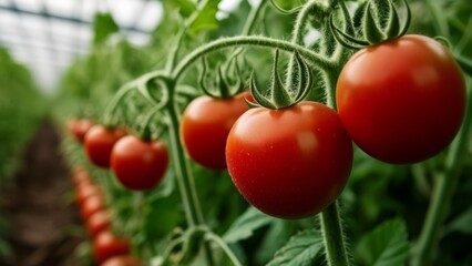 Wall Mural -  Bountiful harvest of ripe tomatoes in a greenhouse