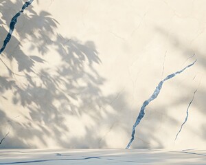 Sticker - beige marble wall with blue cracks, soft light and shadow, creating an abstract background for product display