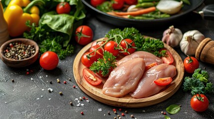 Top view of raw chicken breast and vegetables on wooden plate near frying pan for nutritious meal preparation Background for cooking with empty space