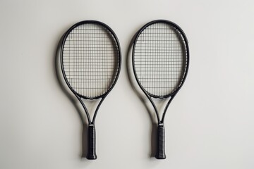 two tennis rackets positioned side by side, showcasing their sleek design and perfect alignment. the