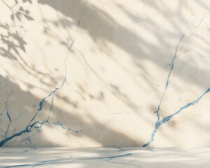 Sticker - beige marble wall with blue cracks, soft light and shadow, creating an abstract background for product display