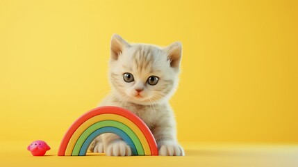 Poster - A cute kitten looking at the camera with a rainbow toy in front of it.