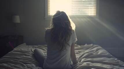 Wall Mural - Woman Sitting on Bed Looking Out Window