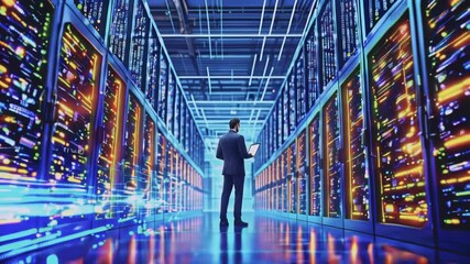 Poster - Futuristic Animated Concept: Big Data Center Chief Technology Officer Using Laptop Standing In Warehouse, Information Digital Lines Streaming Through Servers. , Cloud Computing, Web Service