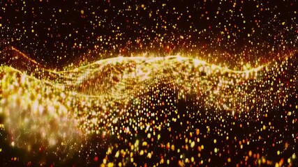 Poster - Digital particles dots and lines twist and move in a tunnel of gold color. Abstract background for new year or important events.