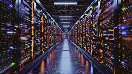 Poster - Dolly shot in high quality animation of cloud data server panels in a data center.