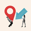 © Lustre Art Group  - Contemporary art collage. Professionals pulls location pin, and arrow, highlighting direction and effort to achieve goals. Concept of business idea, teamwork, motivation, development. Ad