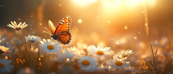 Poster - Butterfly In A Field Of Daisies At Sunset.