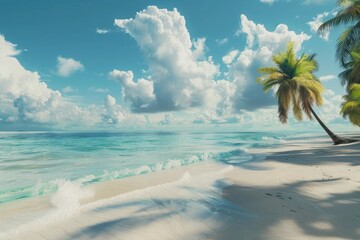 Palm Tree on a Sandy Beach with Turquoise Water and Fluffy Clouds