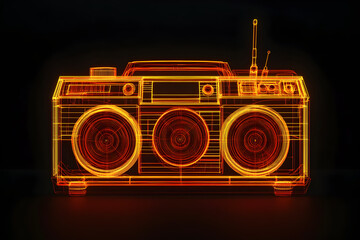 Wall Mural - Neon wireframe boombox isotated on black background.